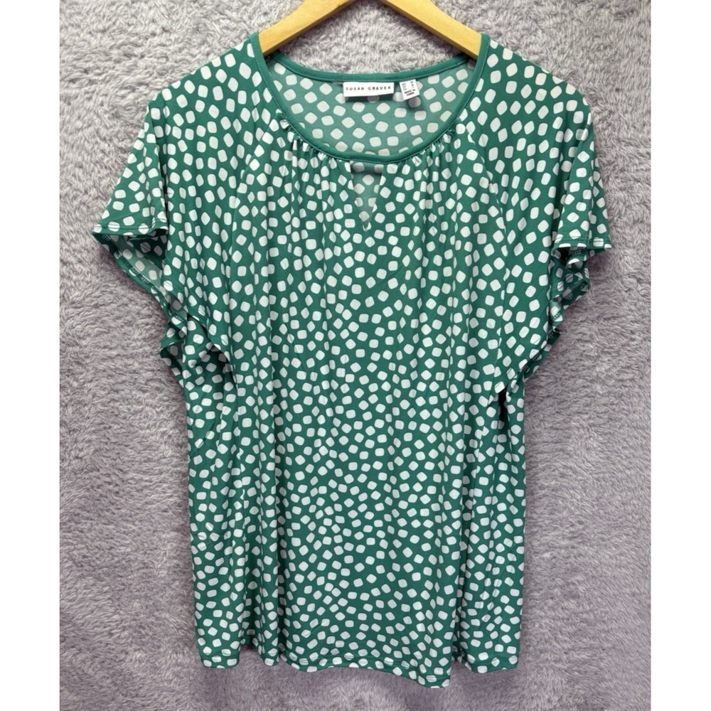 Susan Graver Medium Liquid Knit Top Green White Short Flutter Sleeves Office - Picture 2 of 9
